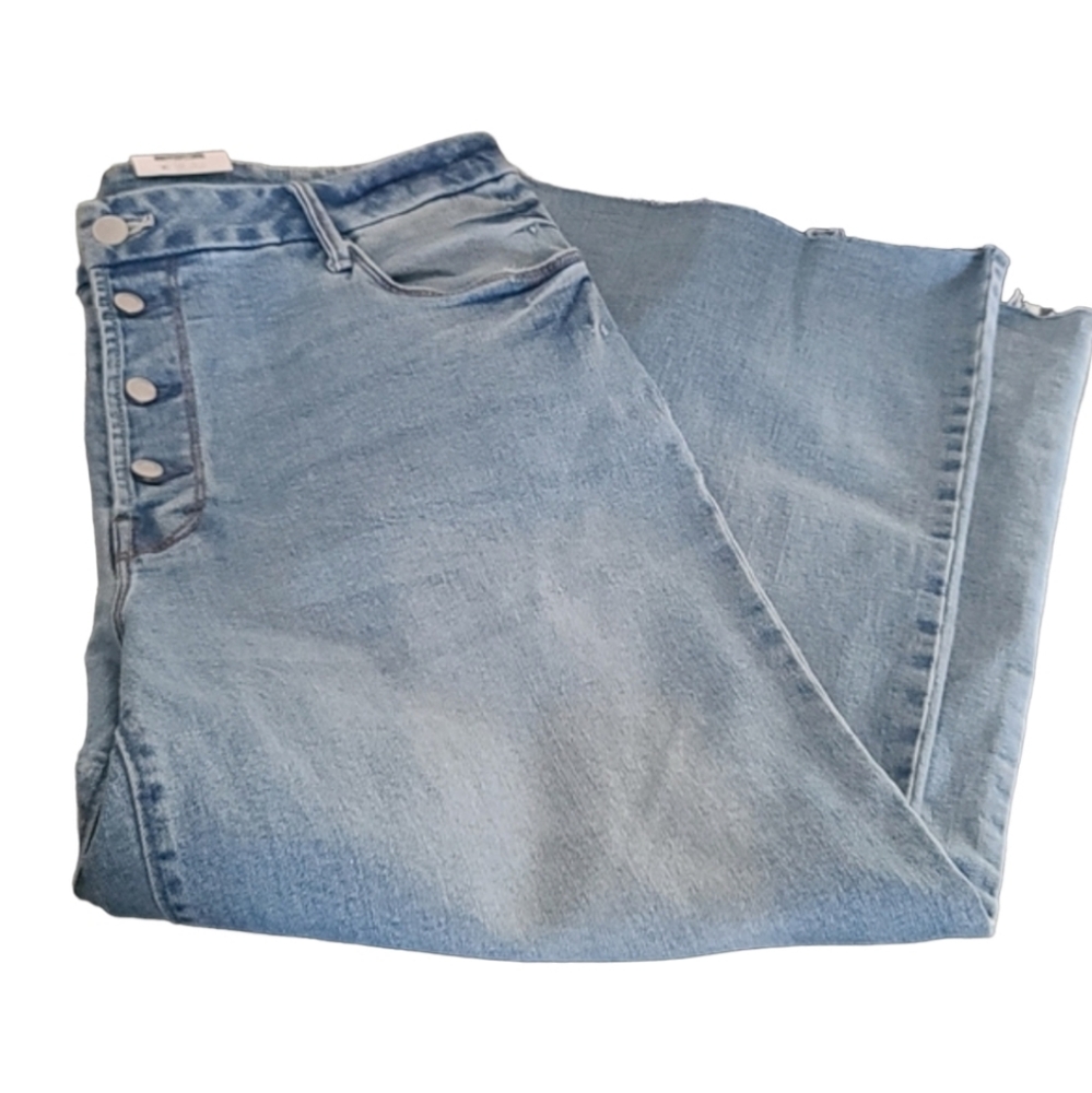 TIME AND TRU High Waisted Wide Leg Jeans 14  Button Up Stretch Raw Hem Cropped - Picture 15 of 16
